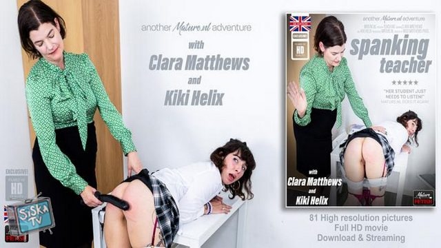  Hot lesbian student Kiki Helix gets her ass red hot spanked by strict teacher Clara Matthews
