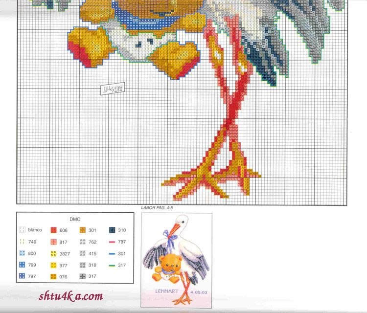 Вышивка крестом аист с младенцем схема