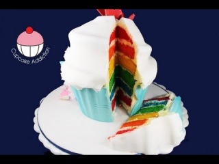 Make a Giant Rainbow Layer Cup Cake! A Cupcake Addiction How To Tutorial