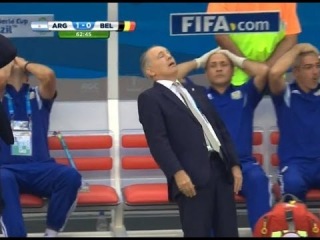 Argentina coach Alejandro Sabella nearly falling over after Gonzalo Higuain hit the bar!