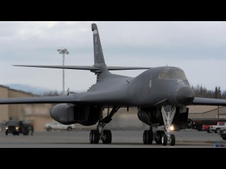 Rockwell B-1 Lancer American supersonic strategic bomber with variable sweep wing in the sky