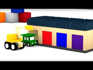 Cuatro coches coloreados. Grúa& Excavadora y un Garaje. Caricaturas de carros para Niños