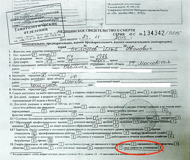 Медицинское свидетельство о смерти форма 106 у 08 образец