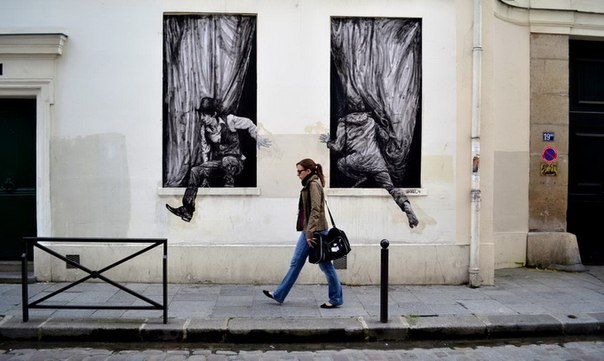 Чарльз Леваль (Charles Leval), или просто Levalet — парижский уличный художник, который умело вписывает в городскую среду свои остроумные черно-белые рисунки.