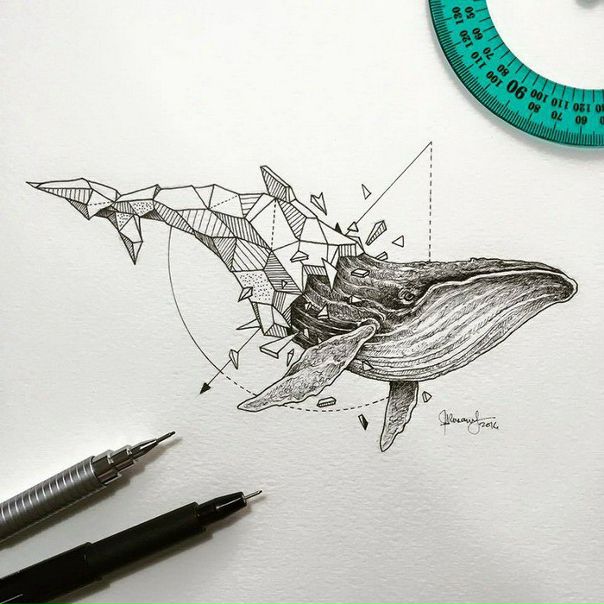 Керби Росенс (Kerby Rosanes) создал серию рисунков, на которых из геометрических кубиков возникают красивые и грациозные животные: киты, лисы, волки. Все работы выполнены черной гелевой ручкой. 