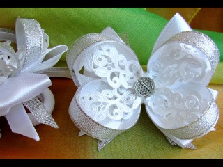 Банты с ажурной и парчовой лентой. Банты в школу МК. laços Bows school kanzashi. Hair Style kanzashi