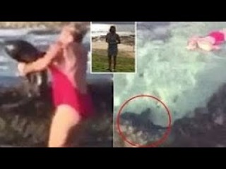 Woman wrestles shark in rock pool.