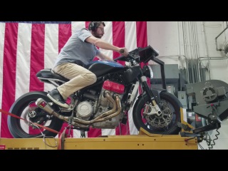 Motus American V4 naked with 4-2-1 exhaust on dyno