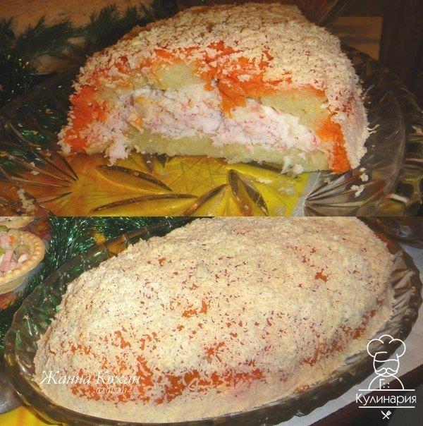 Нежный салат с крабовыми палочками.