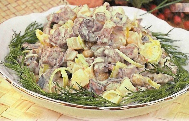 Салат мясной с грибами Что нужно: мясо - 100 гкартофель - 1 шт.шампиньоны - 100 гзеленый горошек консервированный - 200 глук-порей - 50 гчеснок - 1 зубчиксок 1/2 лимонамайонез - 3 ст.