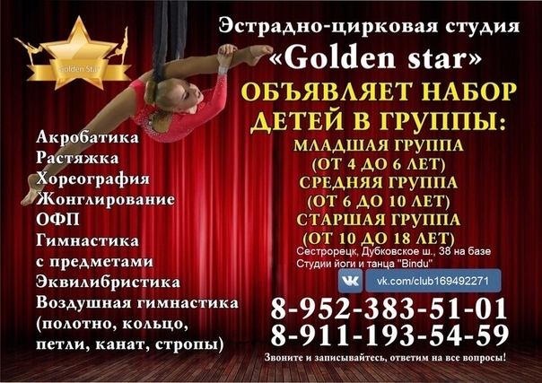 Фото: Цирковая студия Golden Star, объявляет набор детей для занятий цирковым искусством. <br>Если у вас есть желание научить своих деток красиво и пластично двигаться, садиться на шпагат, стоять на руках, жонглировать, выполнять акробатические трюки на полу и в воздухе, добро пожаловать к нам на занятия! <br>В тренировки входят: офп, растяжка, силовая подготовка, развитие координационных способностей, прыжковая подготовка, акробатическая подготовка и обучение различным цирковым жанрам. <br> <br>В нашей студии: <br>- четкая программа обучения <br>- квалифицированные преподаватели (действующие цирковые гимнасты, артисты балета, мастера спорта по спортивной гимнастике) <br>- отчетные концерты 2 раза в год <br>-выступления на различных конкурсах, фестивалях <br>-участие в соревнованиях <br>- яркие и просторные залы <br>- профессиональное оборудование <br> <br>Занятия начнутся с 1 сентября 2018 года! <br>Количество мест ограничено! <br> <br>Наш адрес: Сестрорецк, <br>Дубковское шоссе, 38 на базе Студия йоги и танца 