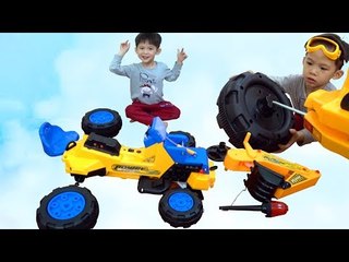 Kid on Excavator Pretend Unboxing and Assembling power wheels compilation video for children