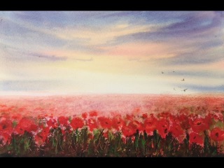 Маковое поле акварелью. Используем соль. Poppy Field in watercolour using salt