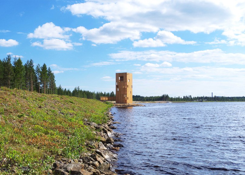 OOPEAA builds wooden Periscope Tower beside lake