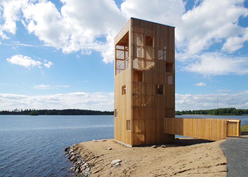 OOPEAA builds wooden Periscope Tower beside lake