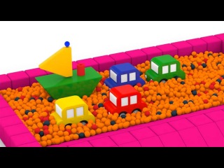 Um BARCO de brinquedo⛵ 4 CARROS coloridos. Desenhos animados para crianças. Br