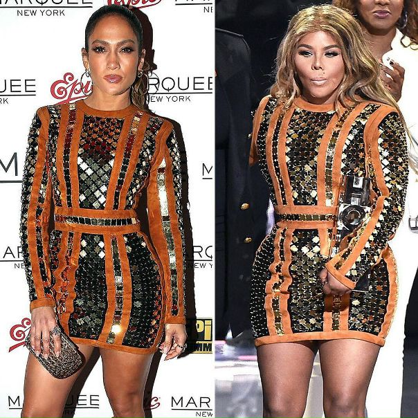 Широкоплечая Лил Ким в этом платье Balmain напоминает воительницу в доспехах. А Дженнифер Лопес вновь шикарна! Что винить — платье или фигуру