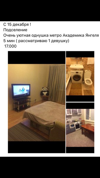 Срочно! С 15 декабря <br>Подселение в однушку с девушкой - фото Фото: Срочно! С 15 декабря <br>Подселение в однушку с девушкой