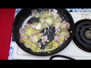 Картошка с Ветчиной, Грибами, Сливками и Сыром Пармезан. Potato with Ham, Mushrooms, Cream and Parmesan Cheese