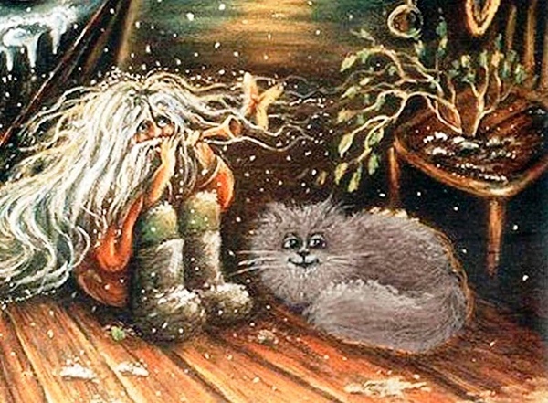 Именины Домового. Весь день Кот был очень занят - лежа на спине и раскинув лапы в стороны, он скрупулезно наблюдал за самыми разнообразными вещами и процессами, происходящими в доме. Уделив
