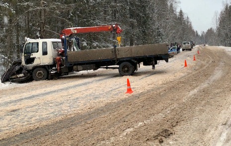 На заснеженной трассе в Бокситогорском районе дорожный кран смял «Ладу». Водитель погиб на месте (фото)