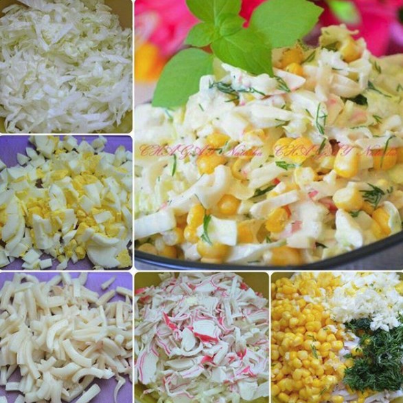 Салат с кальмарами, крабовыми палочками и кукурузой от Наташи Чагай. 