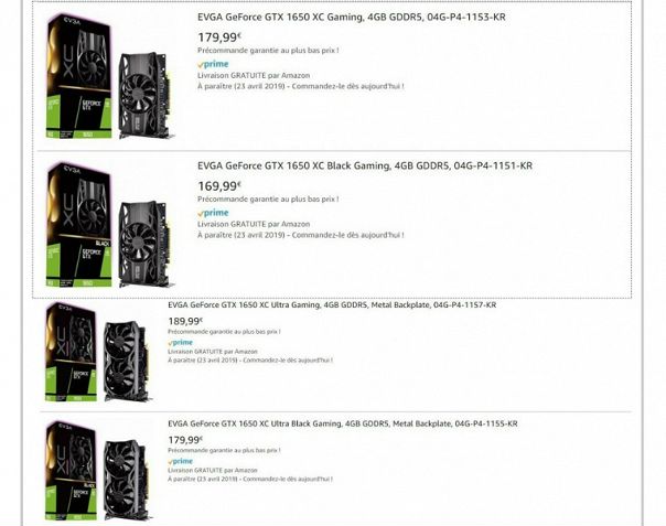Сегодня тематические ресурсы, видимо, решили объявить день видеокарты GeForce GTX 1650. Мы уже дважды сегодня вспоминали данный адаптер, когда говорили о его характеристиках. Теперь появились новые новости, на сей раз касающиеся цены. Если верить источнику, адаптер будет стоить 150 долларов, что не соответствует ранним слухам. Напомним, изначально адаптеру приписывали цену в 180 долларов, а когда появились слухи про GTX 1650 Ti, такую цену стали приписывать ей, а за младшей «закрепили» цену в 130 долларов. Как видим, истина оказалась посередине. Косвенно новые данные подтверждают утечки с магазина Amazon, где на короткий срок появились несколько видеокарт GTX 1650 производства EVGA. Как можно видеть, цены варьируются от 170 до 190 евро в зависимости от модели. К слову, эта утечка подтверждает и раннее названую дату старта продаж — 23 апреля.