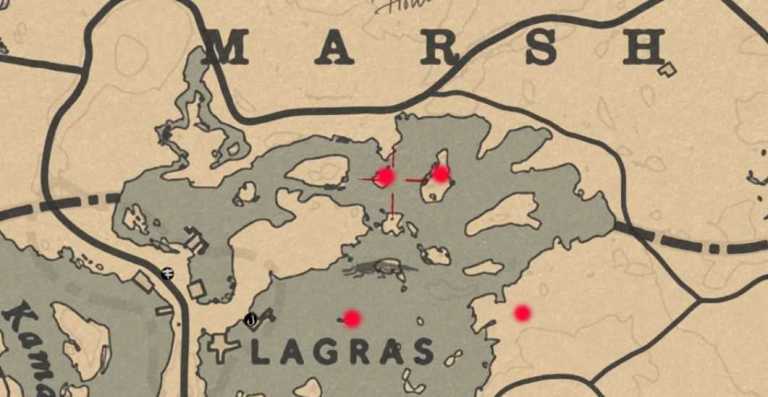 Карта тайников на болоте Bluewater Marsh в Red Dead Online