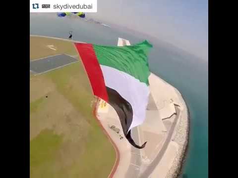 Flag of UAE in sky by skydivers